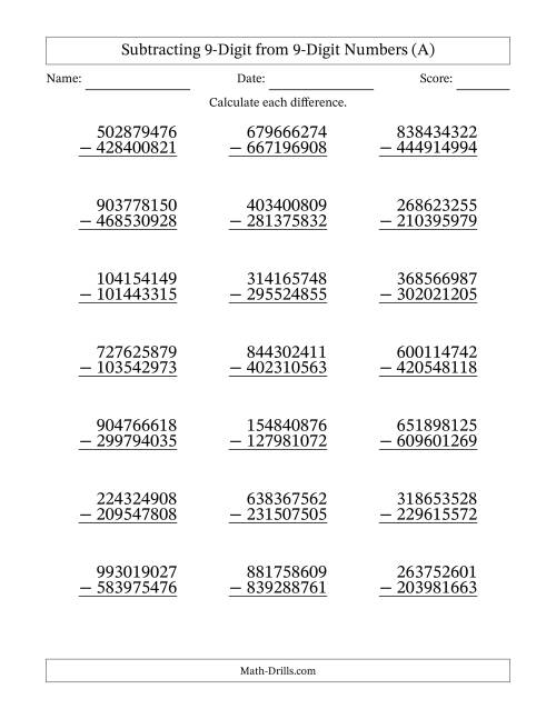 The 9-Digit Minus 9-Digit Subtraction (All) Math Worksheet