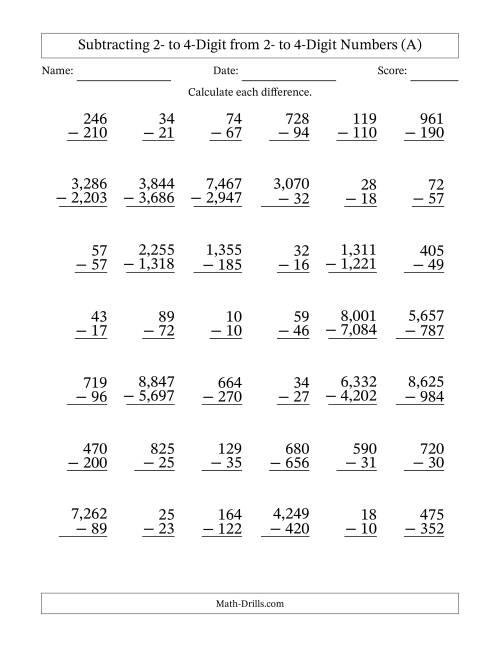 The Subtracting Various Multi-Digit Numbers from 2- to 4-Digits with Comma-Separated Thousands (A) Math Worksheet