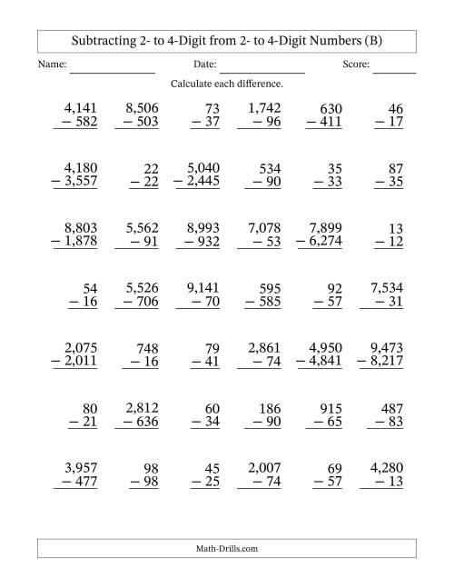 The Subtracting 2- to 4-Digit from 2- to 4-Digit Numbers With Some Regrouping (42 Questions) (Comma Separated Thousands) (B) Math Worksheet
