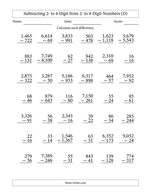 The Subtracting 2- to 4-Digit from 2- to 4-Digit Numbers With Some Regrouping (42 Questions) (Comma Separated Thousands) (D) Math Worksheet