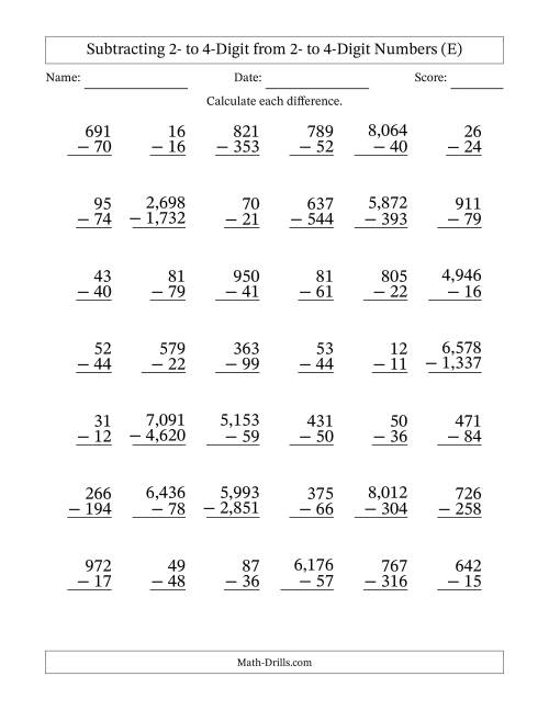 The Subtracting Various Multi-Digit Numbers from 2- to 4-Digits with Comma-Separated Thousands (E) Math Worksheet
