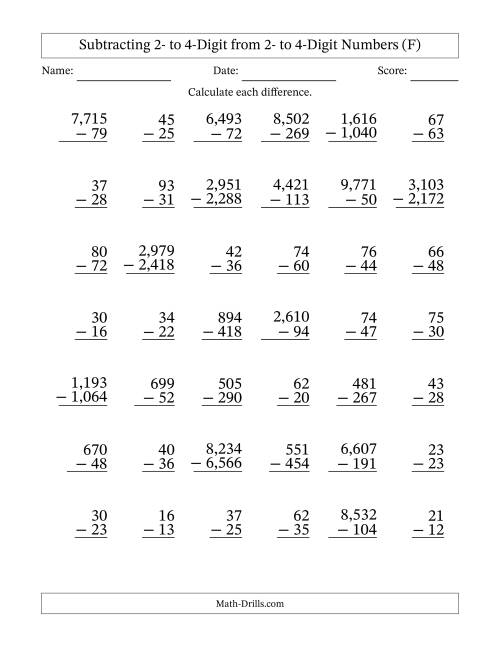 The Subtracting Various Multi-Digit Numbers from 2- to 4-Digits with Comma-Separated Thousands (F) Math Worksheet