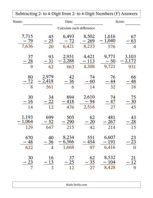 The Subtracting Various Multi-Digit Numbers from 2- to 4-Digits with Comma-Separated Thousands (F) Math Worksheet Page 2