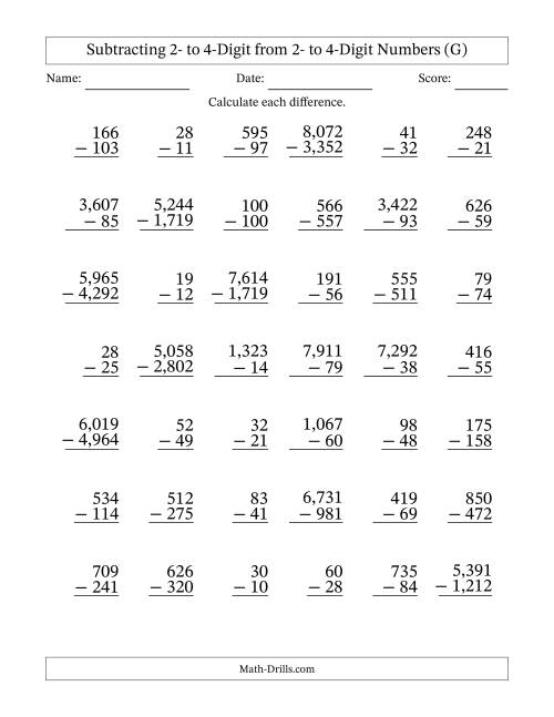 The Subtracting 2- to 4-Digit from 2- to 4-Digit Numbers With Some Regrouping (42 Questions) (Comma Separated Thousands) (G) Math Worksheet