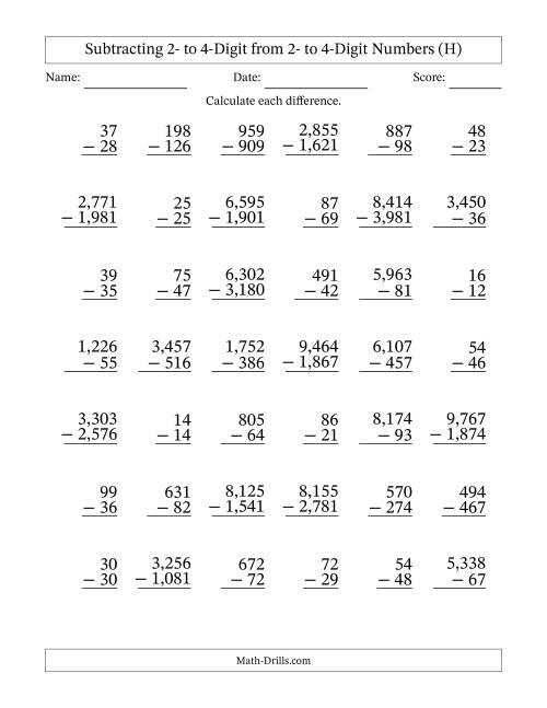 The Subtracting Various Multi-Digit Numbers from 2- to 4-Digits with Comma-Separated Thousands (H) Math Worksheet