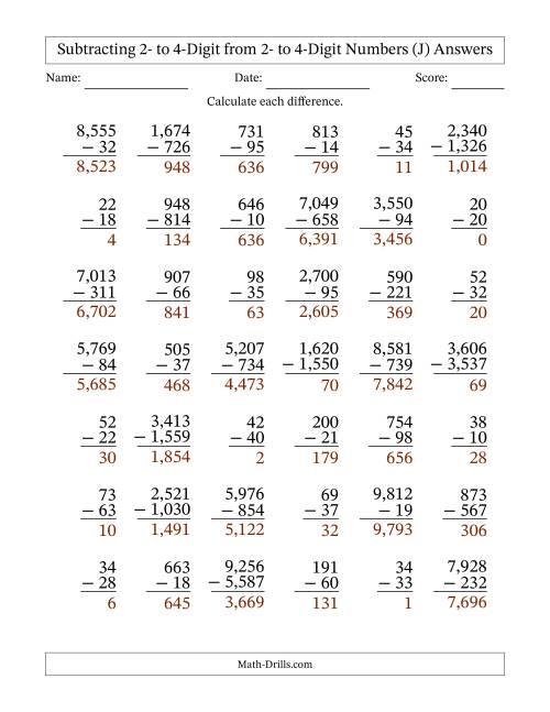 The Subtracting 2- to 4-Digit from 2- to 4-Digit Numbers With Some Regrouping (42 Questions) (Comma Separated Thousands) (J) Math Worksheet Page 2