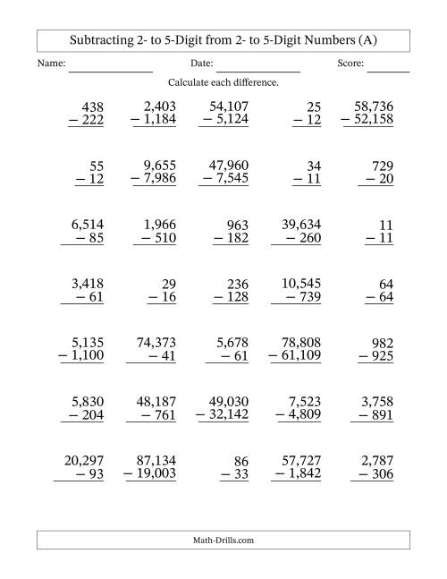 The Subtracting 2- to 5-Digit from 2- to 5-Digit Numbers With Some Regrouping (35 Questions) (Comma Separated Thousands) (A) Math Worksheet