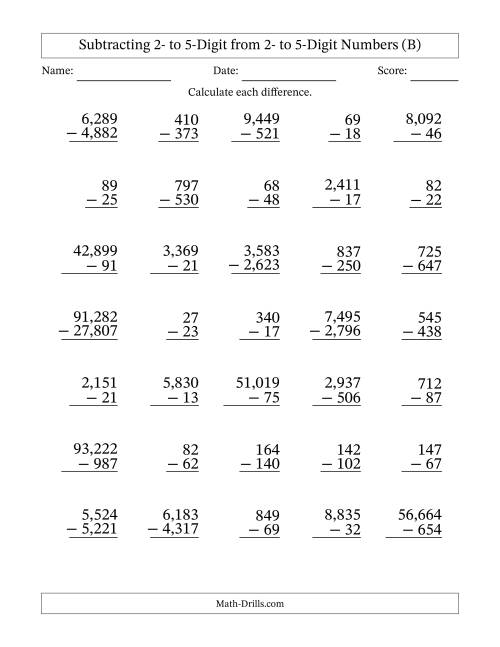 The Subtracting 2- to 5-Digit from 2- to 5-Digit Numbers With Some Regrouping (35 Questions) (Comma Separated Thousands) (B) Math Worksheet