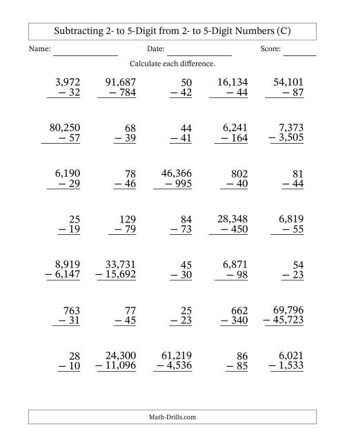 The Subtracting 2- to 5-Digit from 2- to 5-Digit Numbers With Some Regrouping (35 Questions) (Comma Separated Thousands) (C) Math Worksheet