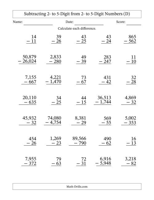 The Subtracting 2- to 5-Digit from 2- to 5-Digit Numbers With Some Regrouping (35 Questions) (Comma Separated Thousands) (D) Math Worksheet