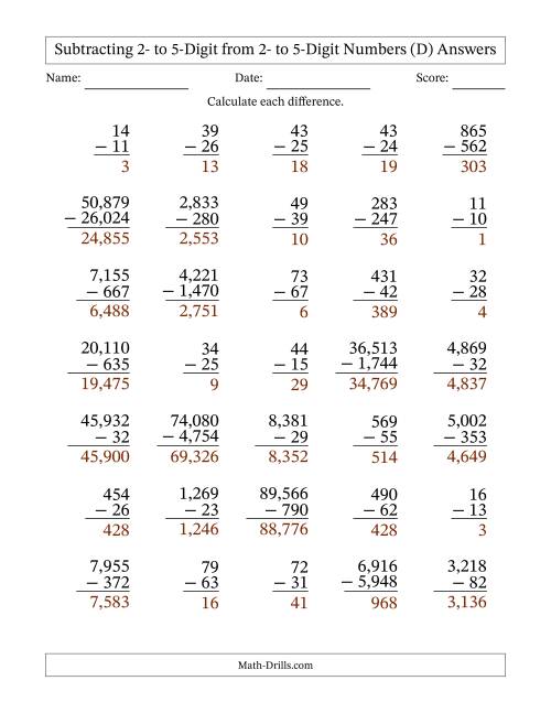 The Subtracting 2- to 5-Digit from 2- to 5-Digit Numbers With Some Regrouping (35 Questions) (Comma Separated Thousands) (D) Math Worksheet Page 2