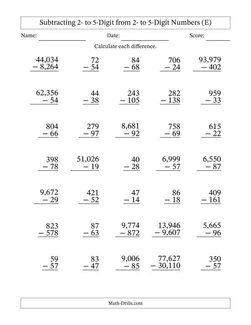 The Subtracting 2- to 5-Digit from 2- to 5-Digit Numbers With Some Regrouping (35 Questions) (Comma Separated Thousands) (E) Math Worksheet