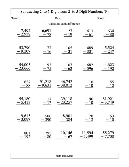 The Subtracting 2- to 5-Digit from 2- to 5-Digit Numbers With Some Regrouping (35 Questions) (Comma Separated Thousands) (F) Math Worksheet