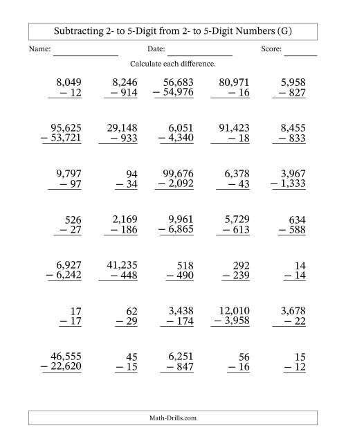 The Subtracting 2- to 5-Digit from 2- to 5-Digit Numbers With Some Regrouping (35 Questions) (Comma Separated Thousands) (G) Math Worksheet