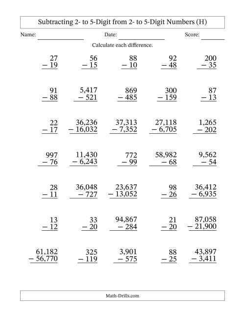 The Subtracting 2- to 5-Digit from 2- to 5-Digit Numbers With Some Regrouping (35 Questions) (Comma Separated Thousands) (H) Math Worksheet