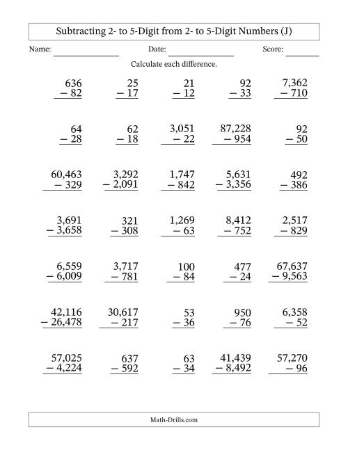 The Subtracting 2- to 5-Digit from 2- to 5-Digit Numbers With Some Regrouping (35 Questions) (Comma Separated Thousands) (J) Math Worksheet