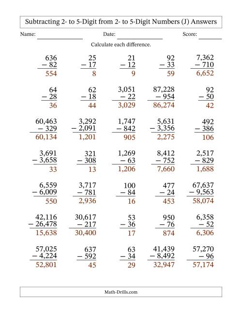 The Subtracting 2- to 5-Digit from 2- to 5-Digit Numbers With Some Regrouping (35 Questions) (Comma Separated Thousands) (J) Math Worksheet Page 2