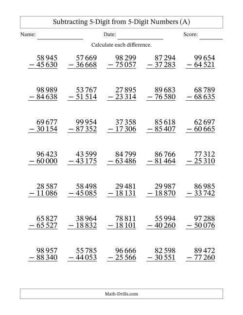 The 5-Digit Minus 5-Digit Subtraction with NO Regrouping with Space-Separated Thousands (A) Math Worksheet