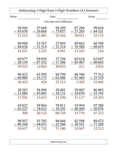 The 5-Digit Minus 5-Digit Subtraction with NO Regrouping with Space-Separated Thousands (A) Math Worksheet Page 2