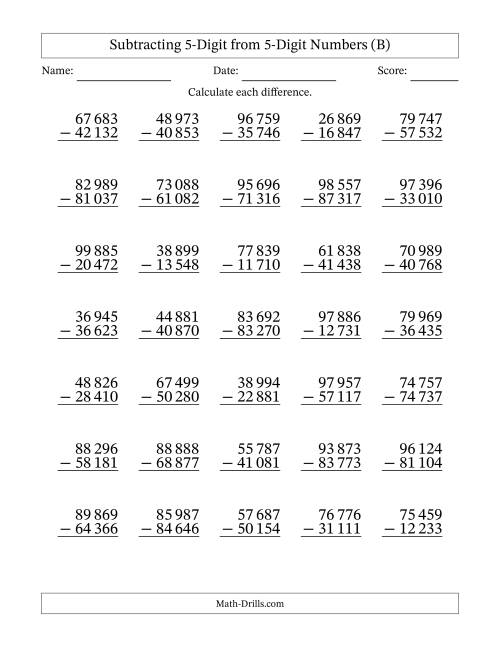 The 5-Digit Minus 5-Digit Subtraction with NO Regrouping with Space-Separated Thousands (B) Math Worksheet