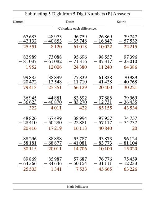 The 5-Digit Minus 5-Digit Subtraction with NO Regrouping with Space-Separated Thousands (B) Math Worksheet Page 2