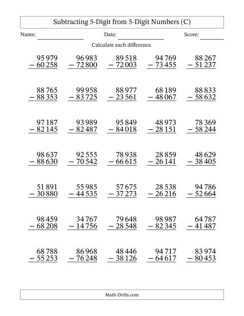 The 5-Digit Minus 5-Digit Subtraction with NO Regrouping with Space-Separated Thousands (C) Math Worksheet