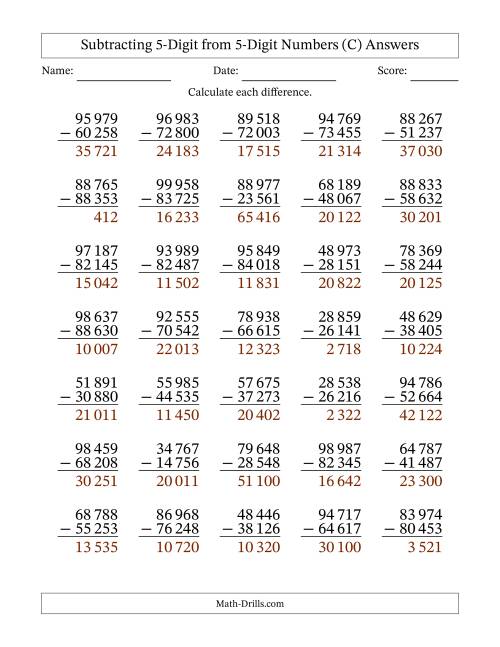 The Subtracting 5-Digit from 5-Digit Numbers With No Regrouping (35 Questions) (Space Separated Thousands) (C) Math Worksheet Page 2