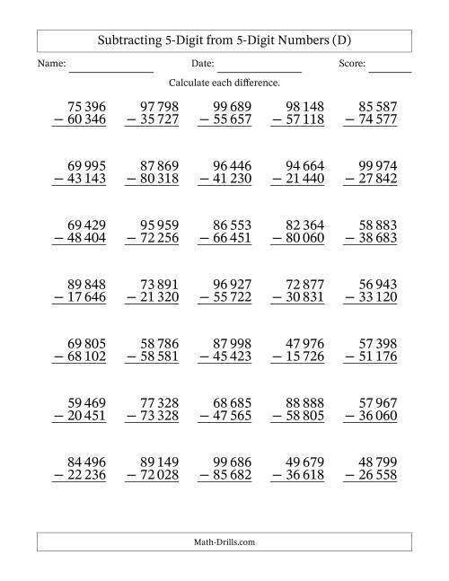 The 5-Digit Minus 5-Digit Subtraction with NO Regrouping with Space-Separated Thousands (D) Math Worksheet