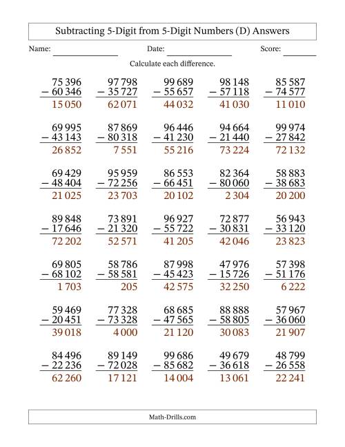 The 5-Digit Minus 5-Digit Subtraction with NO Regrouping with Space-Separated Thousands (D) Math Worksheet Page 2