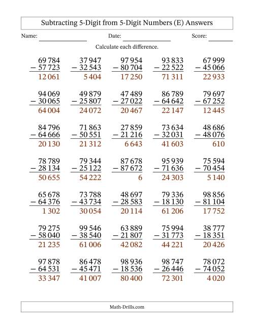The Subtracting 5-Digit from 5-Digit Numbers With No Regrouping (35 Questions) (Space Separated Thousands) (E) Math Worksheet Page 2