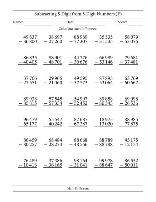The Subtracting 5-Digit from 5-Digit Numbers With No Regrouping (35 Questions) (Space Separated Thousands) (F) Math Worksheet
