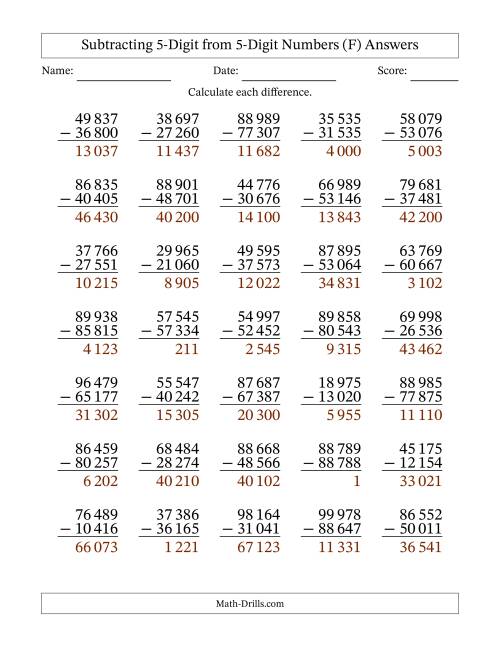 The 5-Digit Minus 5-Digit Subtraction with NO Regrouping with Space-Separated Thousands (F) Math Worksheet Page 2