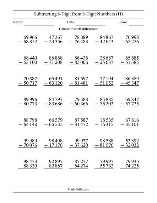 The Subtracting 5-Digit from 5-Digit Numbers With No Regrouping (35 Questions) (Space Separated Thousands) (H) Math Worksheet