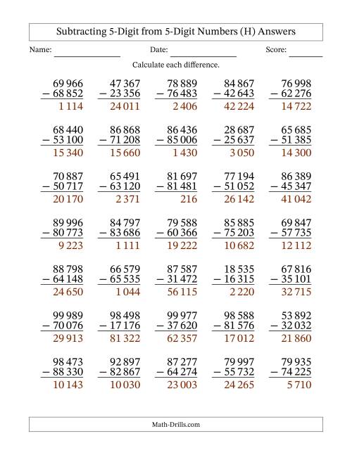 The 5-Digit Minus 5-Digit Subtraction with NO Regrouping with Space-Separated Thousands (H) Math Worksheet Page 2
