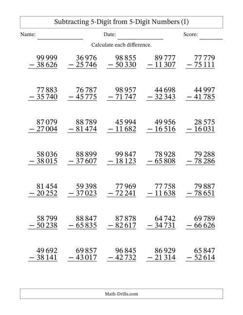 The 5-Digit Minus 5-Digit Subtraction with NO Regrouping with Space-Separated Thousands (I) Math Worksheet
