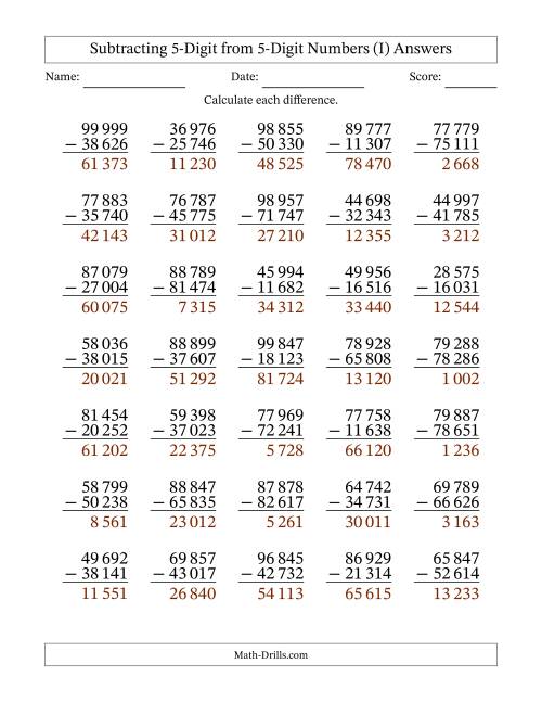The Subtracting 5-Digit from 5-Digit Numbers With No Regrouping (35 Questions) (Space Separated Thousands) (I) Math Worksheet Page 2