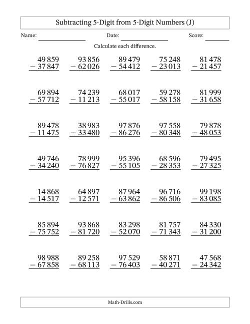 The Subtracting 5-Digit from 5-Digit Numbers With No Regrouping (35 Questions) (Space Separated Thousands) (J) Math Worksheet