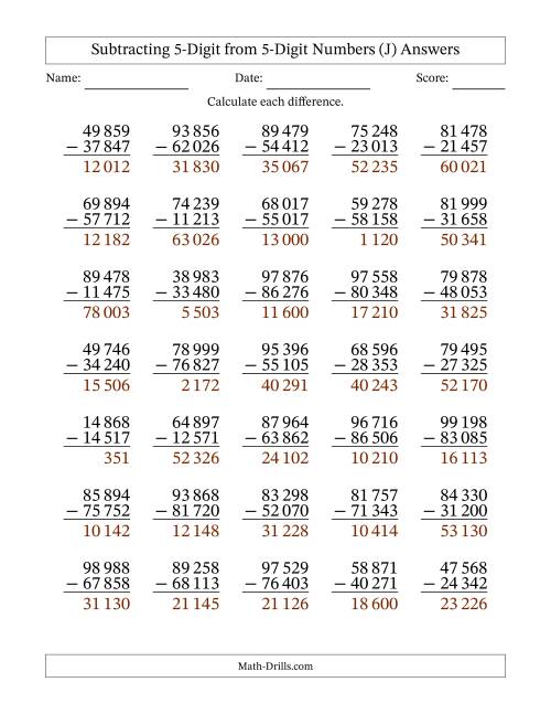 The 5-Digit Minus 5-Digit Subtraction with NO Regrouping with Space-Separated Thousands (J) Math Worksheet Page 2