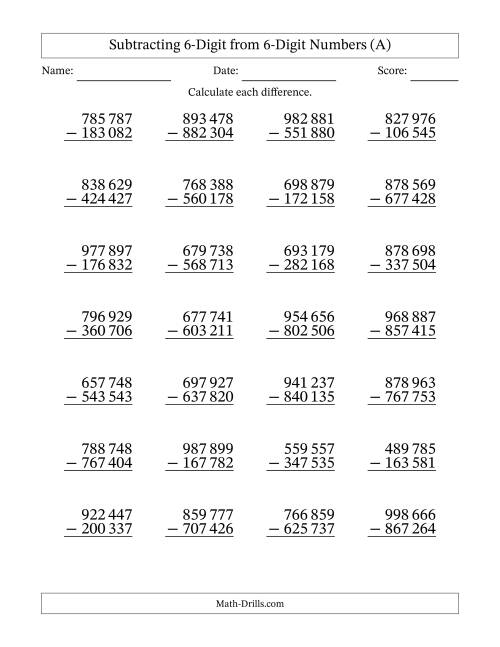The 6-Digit Minus 6-Digit Subtraction with NO Regrouping with Space-Separated Thousands (A) Math Worksheet
