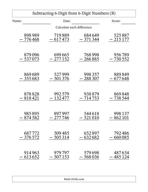 The Subtracting 6-Digit from 6-Digit Numbers With No Regrouping (28 Questions) (Space Separated Thousands) (B) Math Worksheet