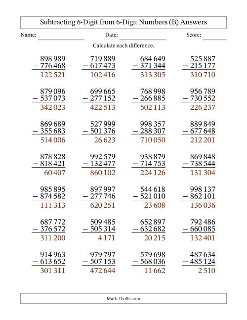 The Subtracting 6-Digit from 6-Digit Numbers With No Regrouping (28 Questions) (Space Separated Thousands) (B) Math Worksheet Page 2