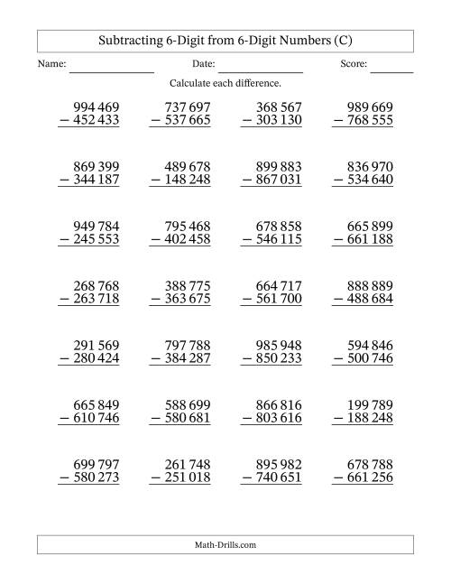 The Subtracting 6-Digit from 6-Digit Numbers With No Regrouping (28 Questions) (Space Separated Thousands) (C) Math Worksheet