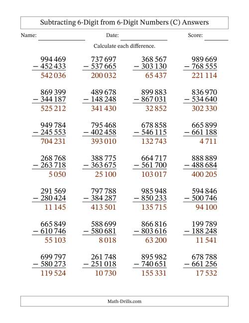 The Subtracting 6-Digit from 6-Digit Numbers With No Regrouping (28 Questions) (Space Separated Thousands) (C) Math Worksheet Page 2