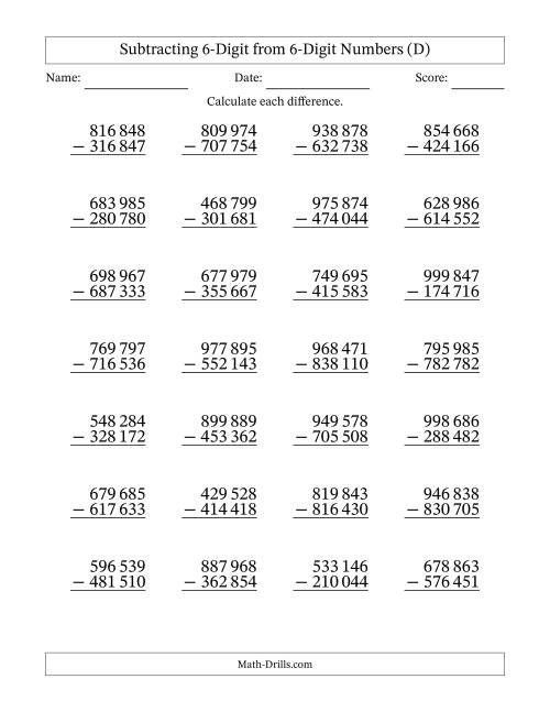 The Subtracting 6-Digit from 6-Digit Numbers With No Regrouping (28 Questions) (Space Separated Thousands) (D) Math Worksheet
