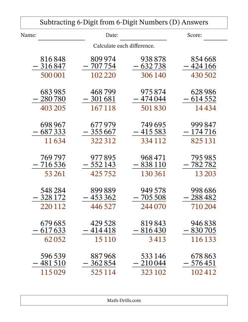 The Subtracting 6-Digit from 6-Digit Numbers With No Regrouping (28 Questions) (Space Separated Thousands) (D) Math Worksheet Page 2