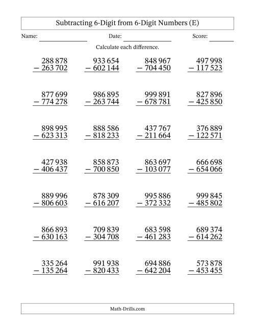 The Subtracting 6-Digit from 6-Digit Numbers With No Regrouping (28 Questions) (Space Separated Thousands) (E) Math Worksheet