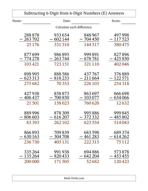 The Subtracting 6-Digit from 6-Digit Numbers With No Regrouping (28 Questions) (Space Separated Thousands) (E) Math Worksheet Page 2