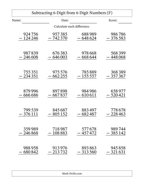 The Subtracting 6-Digit from 6-Digit Numbers With No Regrouping (28 Questions) (Space Separated Thousands) (F) Math Worksheet
