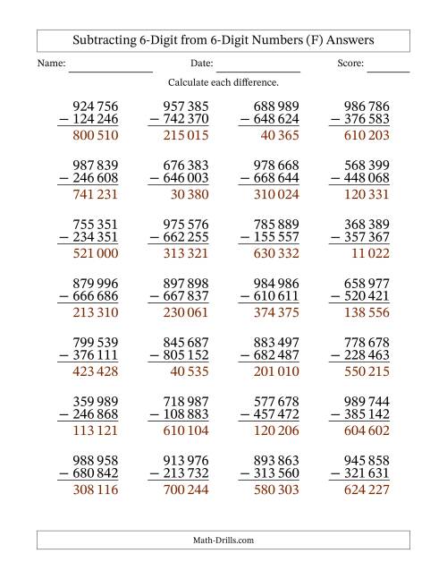 The Subtracting 6-Digit from 6-Digit Numbers With No Regrouping (28 Questions) (Space Separated Thousands) (F) Math Worksheet Page 2