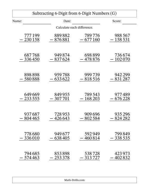 The Subtracting 6-Digit from 6-Digit Numbers With No Regrouping (28 Questions) (Space Separated Thousands) (G) Math Worksheet